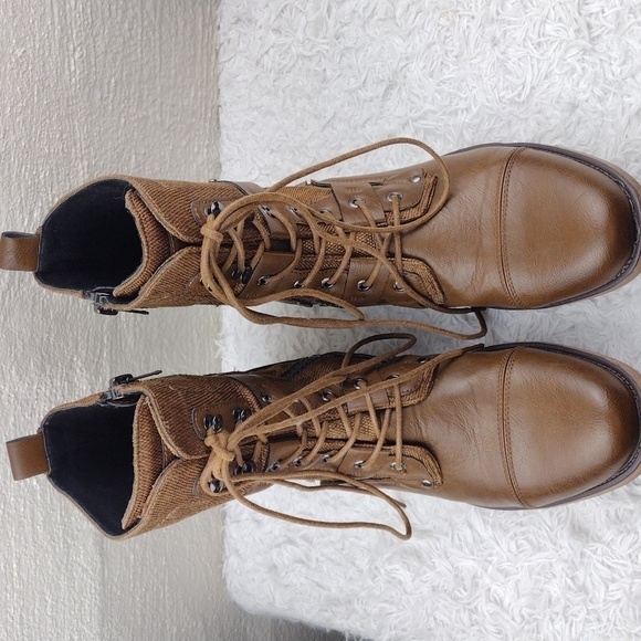 J75 by Jump Deploy Brown Faux Leather Canvas Round Cap Toe Lace Up Combat Boot - Picture 3 of 16